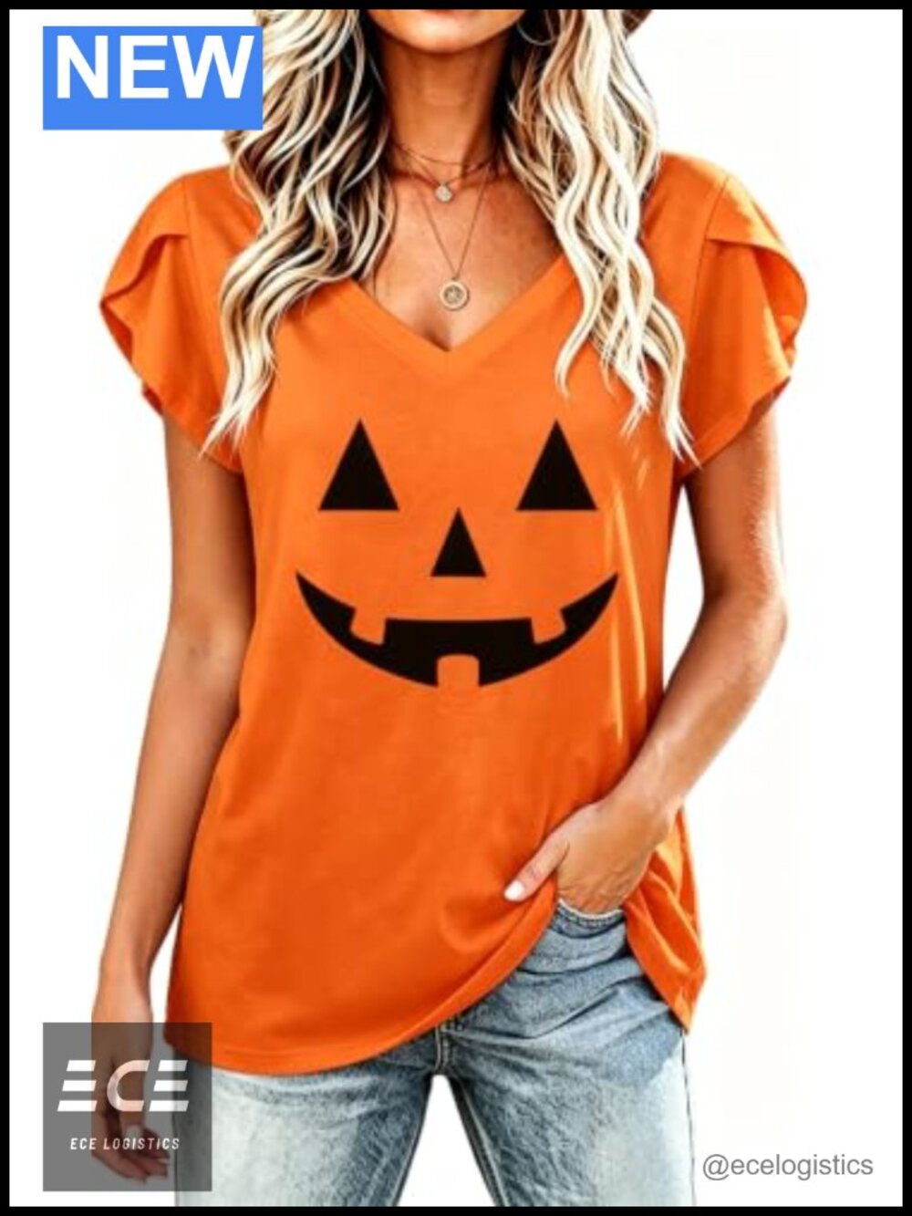 Halloween Pumpkin Face V-Neck Petal Sleeve Tee Women's Fall Shirt